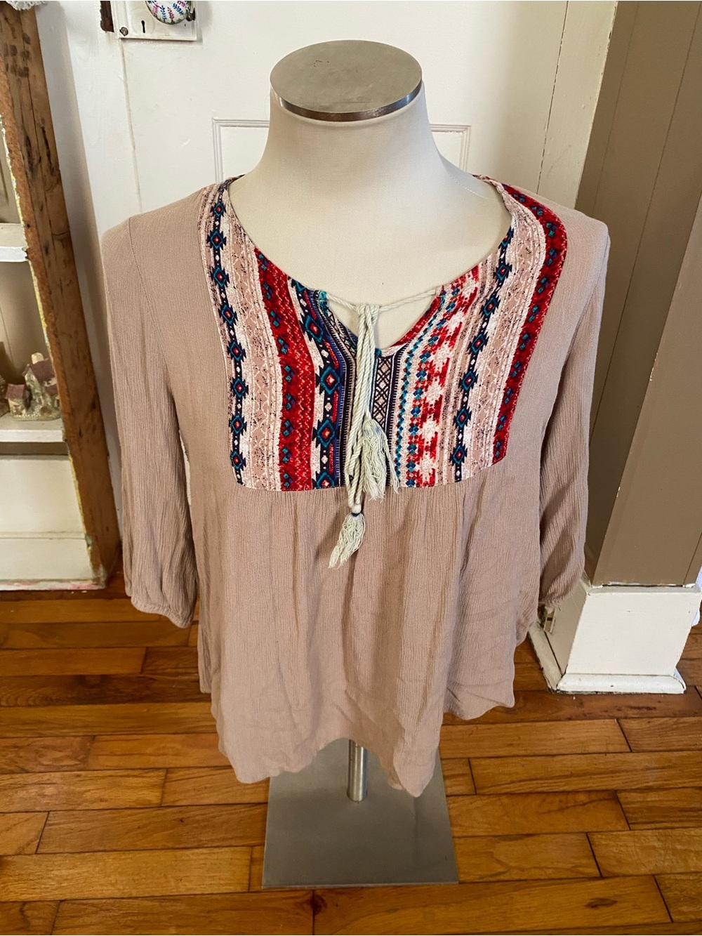 Staccato Taupe Tunic with Red & Navy Embroidered Yoke